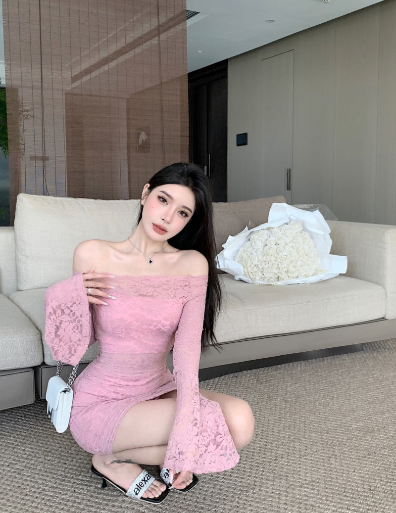 Women’s Lace Mini Dress, Long Sleeve Hollow-Out Pullover Dress, Casual Socialite Style Party Dress