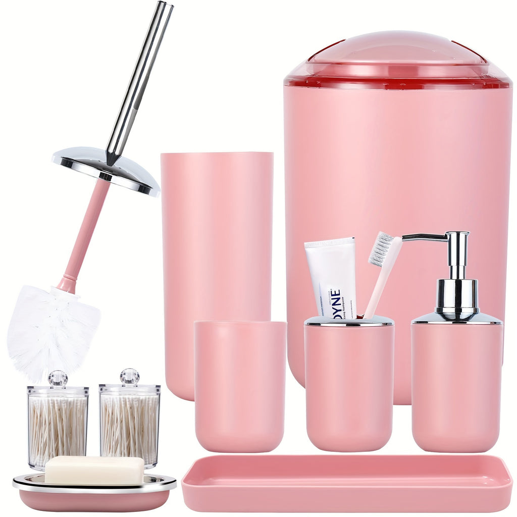 8Pcs Pink Bathroom Accessories Set - with Trash Can, Toilet Brush, Toothbrush Holder, Lotion Soap Dispenser, Soap Dish, Toothbrush Cup, Qtip Holder, Tray