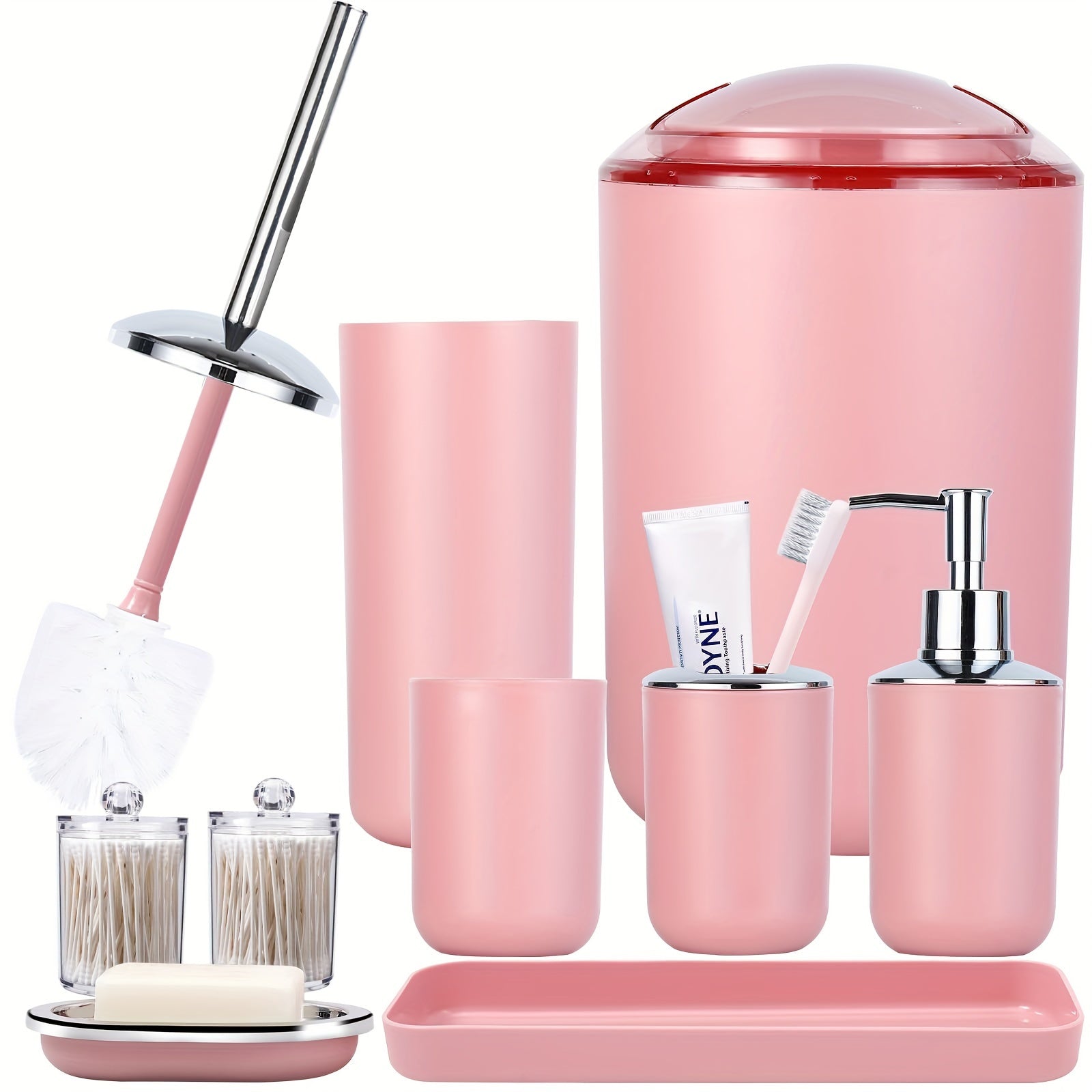 8Pcs Pink Bathroom Accessories Set - with Trash Can, Toilet Brush, Toothbrush Holder, Lotion Soap Dispenser, Soap Dish, Toothbrush Cup, Qtip Holder, Tray