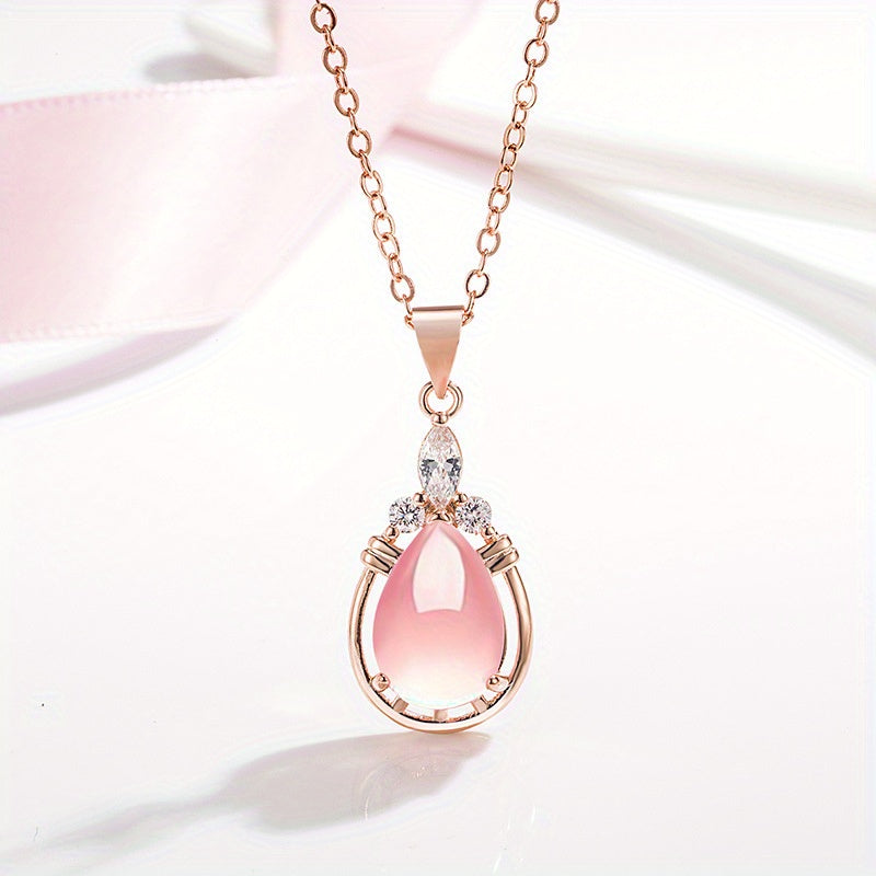 Temperamental Necklace Female Drop-Shaped Pink Pendant Simple Niche O-Shaped Chain Clavicle Chain Rose Quartz Pendant