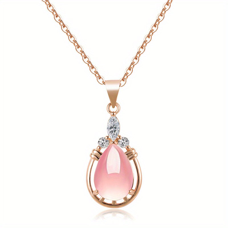 Temperamental Necklace Female Drop-Shaped Pink Pendant Simple Niche O-Shaped Chain Clavicle Chain Rose Quartz Pendant