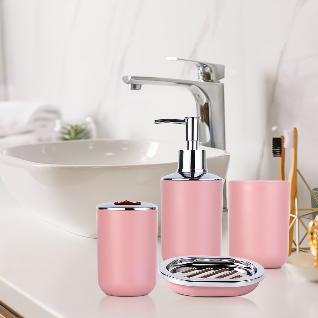 8Pcs Pink Bathroom Accessories Set - with Trash Can, Toilet Brush, Toothbrush Holder, Lotion Soap Dispenser, Soap Dish, Toothbrush Cup, Qtip Holder, Tray