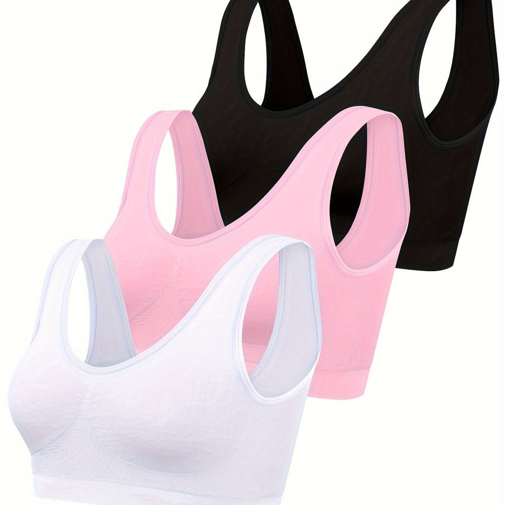 [3pcs Seamless Sports Bras] 3pcs Women's Seamless Sports Bras - No Padding, Low- Non-Sheer Backless Strapless/Tube Top Style (Black/Pink/White) - Gym, Yoga & Casual Attire - Comfortable Wire-Free Chest Supporters