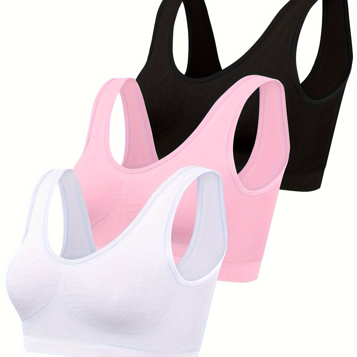 [3pcs Seamless Sports Bras] 3pcs Women's Seamless Sports Bras - No Padding, Low- Non-Sheer Backless Strapless/Tube Top Style (Black/Pink/White) - Gym, Yoga & Casual Attire - Comfortable Wire-Free Chest Supporters
