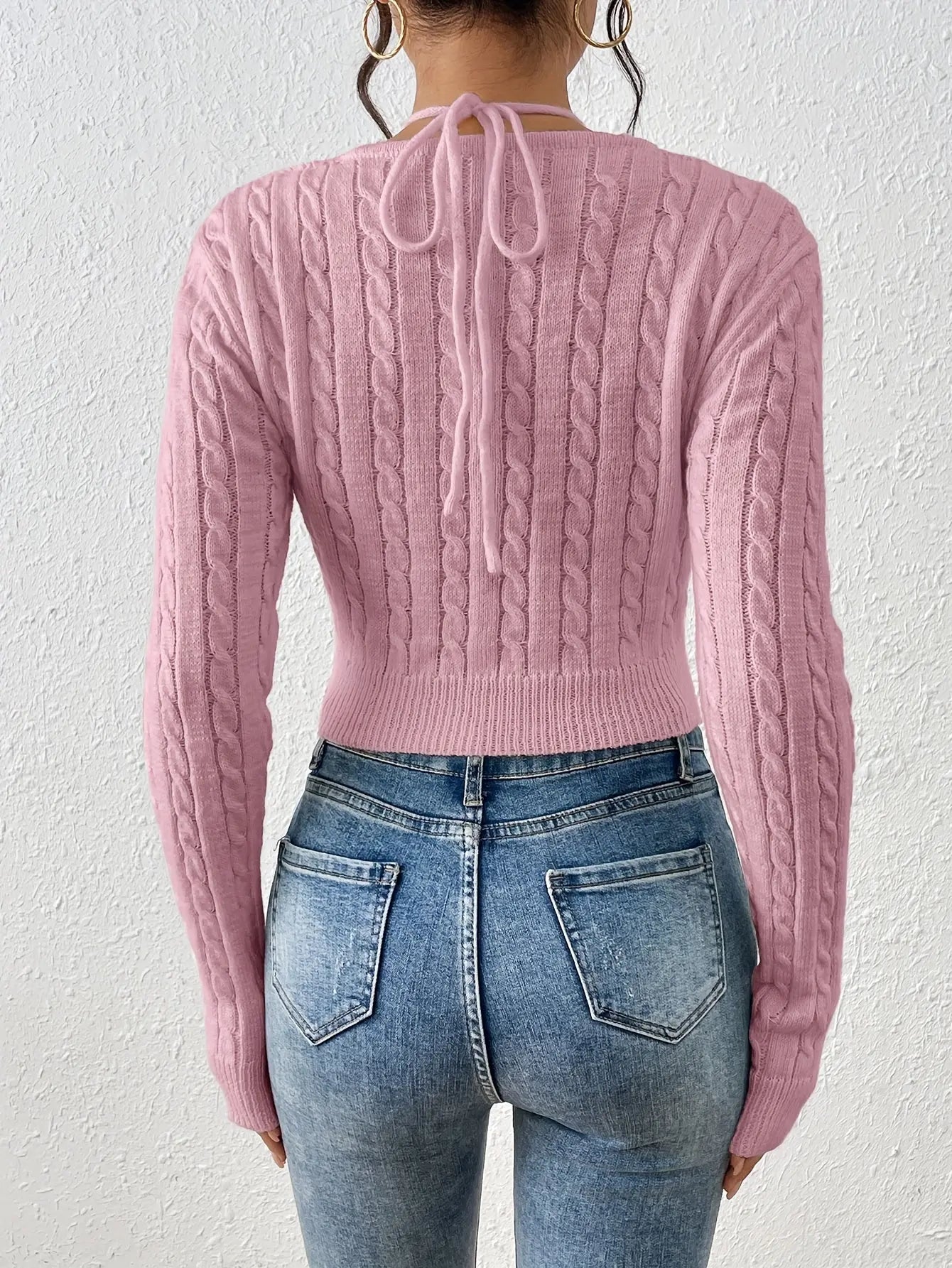 Women's Slim Fit Tie-Front Ombre Colorblock Sweater - Sleeve Top with Back Tie Detail, Pastel Pink to Blue Gradient for Spring/Fall, Cute Sweaters, Casual Wear, Breathable Material, Stylish Pullover, Styleconscious Buyers Pinkshop