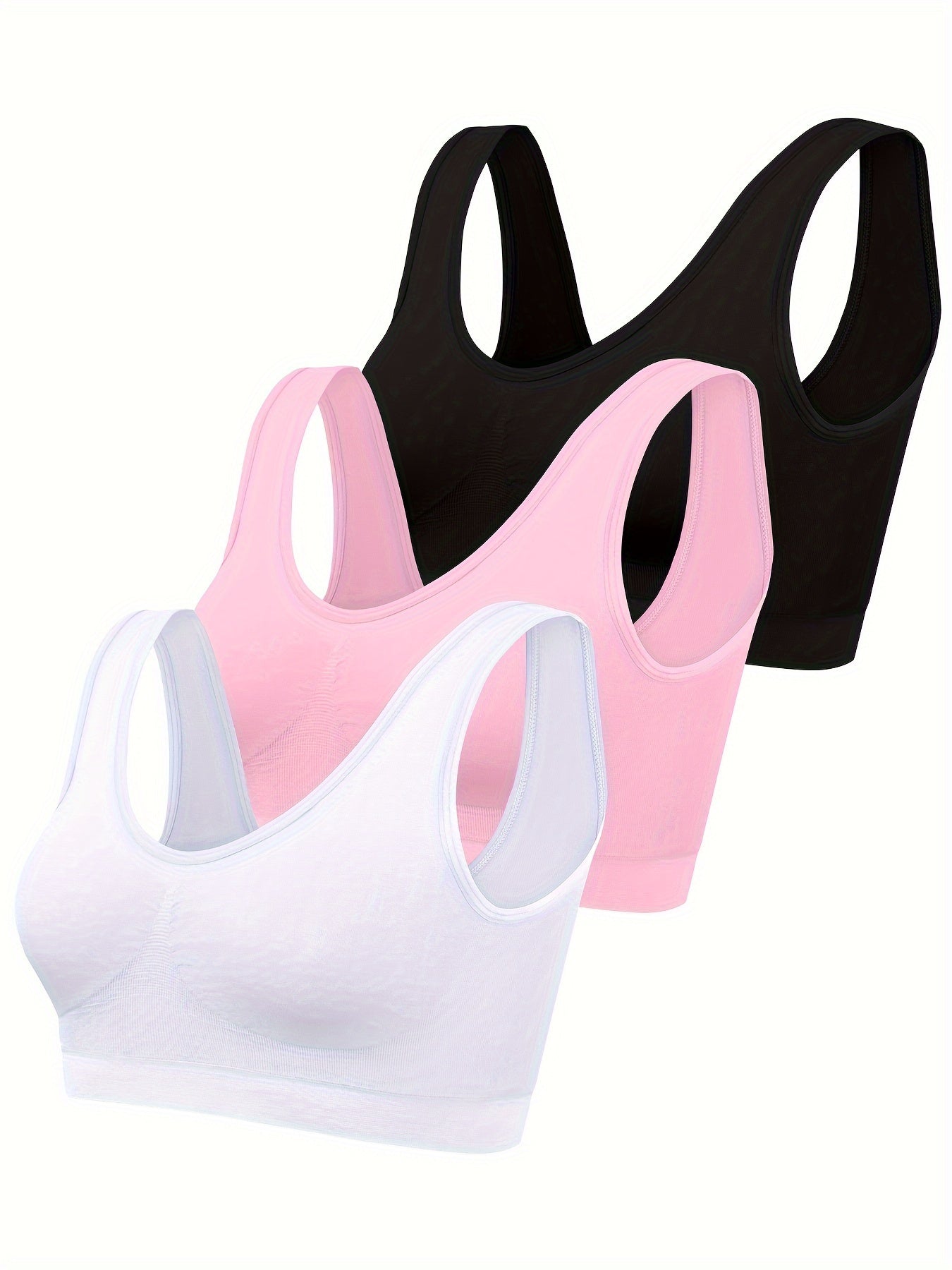 [3pcs Seamless Sports Bras] 3pcs Women's Seamless Sports Bras - No Padding, Low- Non-Sheer Backless Strapless/Tube Top Style (Black/Pink/White) - Gym, Yoga & Casual Attire - Comfortable Wire-Free Chest Supporters