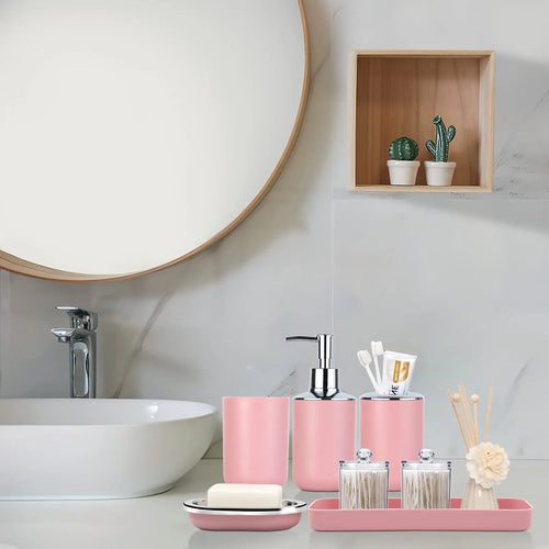 8Pcs Pink Bathroom Accessories Set - with Trash Can, Toilet Brush, Toothbrush Holder, Lotion Soap Dispenser, Soap Dish, Toothbrush Cup, Qtip Holder, Tray Pinkshop