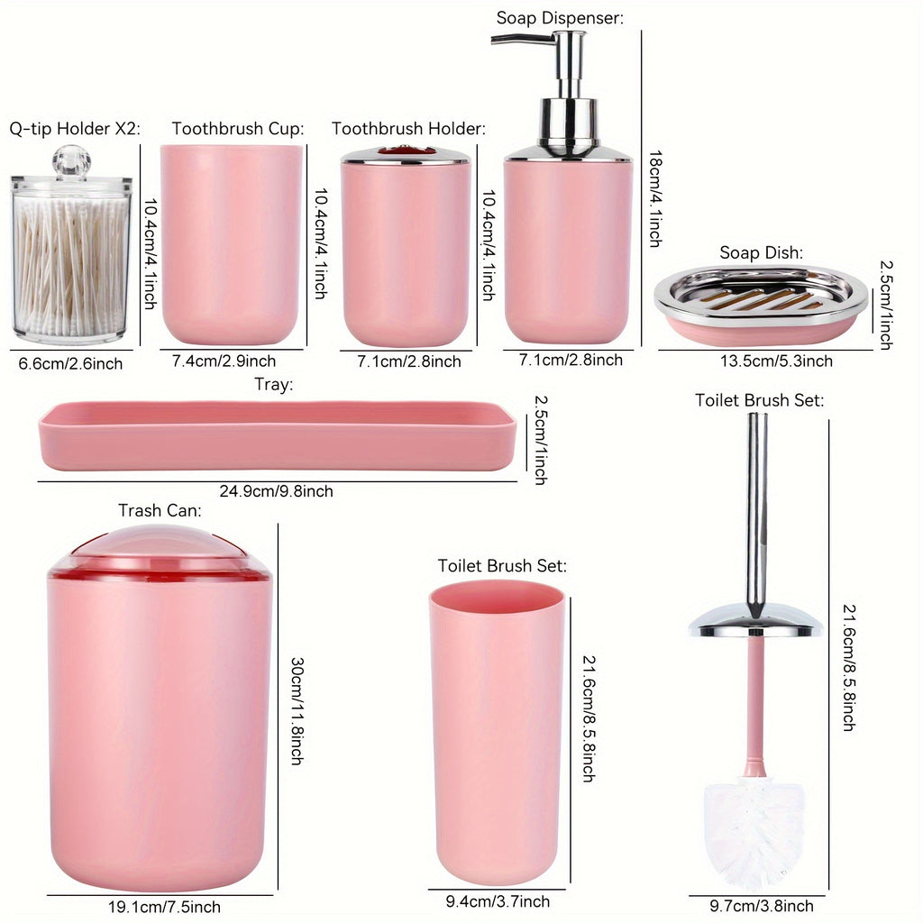 8Pcs Pink Bathroom Accessories Set - with Trash Can, Toilet Brush, Toothbrush Holder, Lotion Soap Dispenser, Soap Dish, Toothbrush Cup, Qtip Holder, Tray