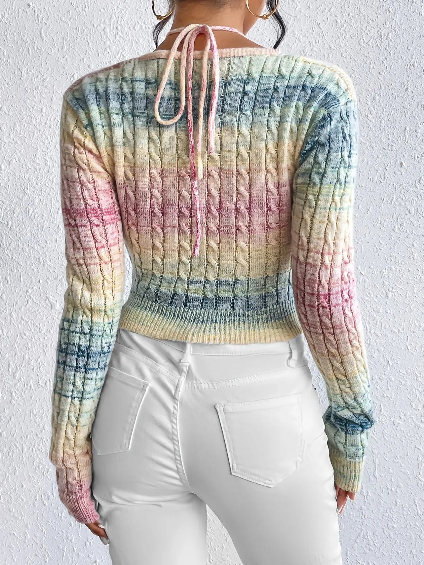 Women's Slim Fit Tie-Front Ombre Colorblock Sweater - Sleeve Top with Back Tie Detail, Pastel Pink to Blue Gradient for Spring/Fall, Cute Sweaters, Casual Wear, Breathable Material, Stylish Pullover, Styleconscious Buyers Pinkshop