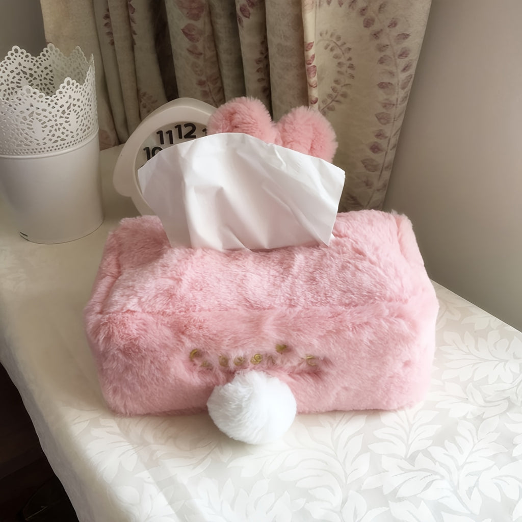 1pc Plush Rabbit Tissue Box, Cartoon Cute Tissue Cover, Car Accessories, Car Decor, Draw Hole Paper Box, Pink Rabbit Tissue Box, Long Ears Cloth Cover, Living Room Kitchen Bathroom Bedroom Office Accessories, Room Decor, Home