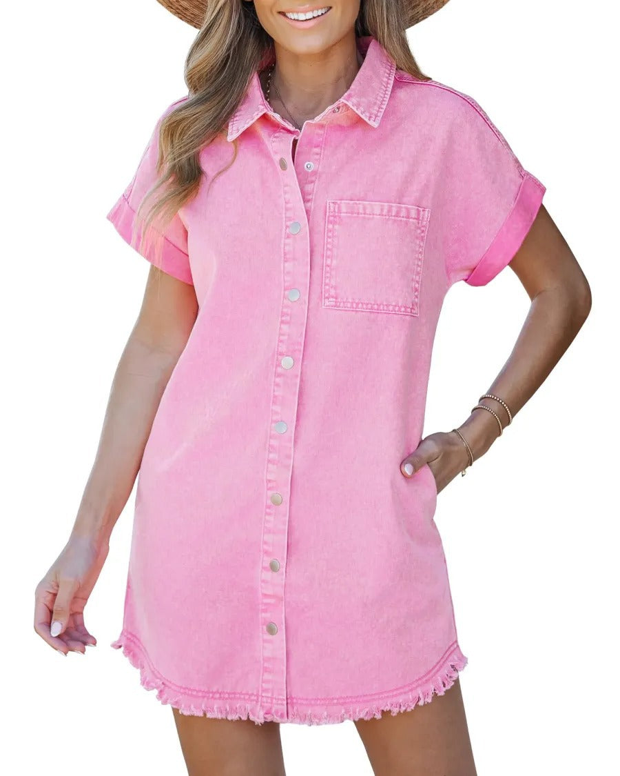Womens Short-Sleeve Denim Shirt Dress Denim Button-Up Casual Style