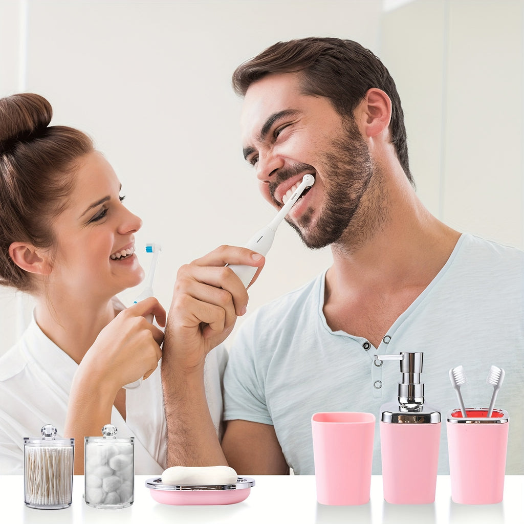 8Pcs Pink Bathroom Accessories Set - with Trash Can, Toilet Brush, Toothbrush Holder, Lotion Soap Dispenser, Soap Dish, Toothbrush Cup, Qtip Holder, Tray