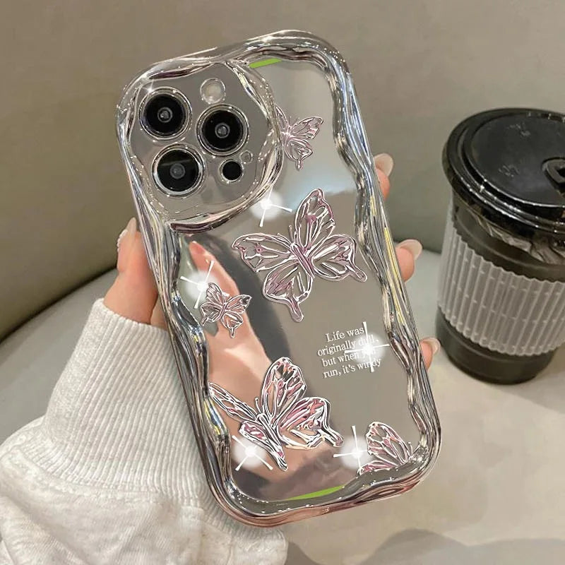 Beautiful Girl Sparkling Electroplated Wave pink Rose Mirror Phone case Heat-resistant iPhone 16 17 Pro Max Phone case Accessory