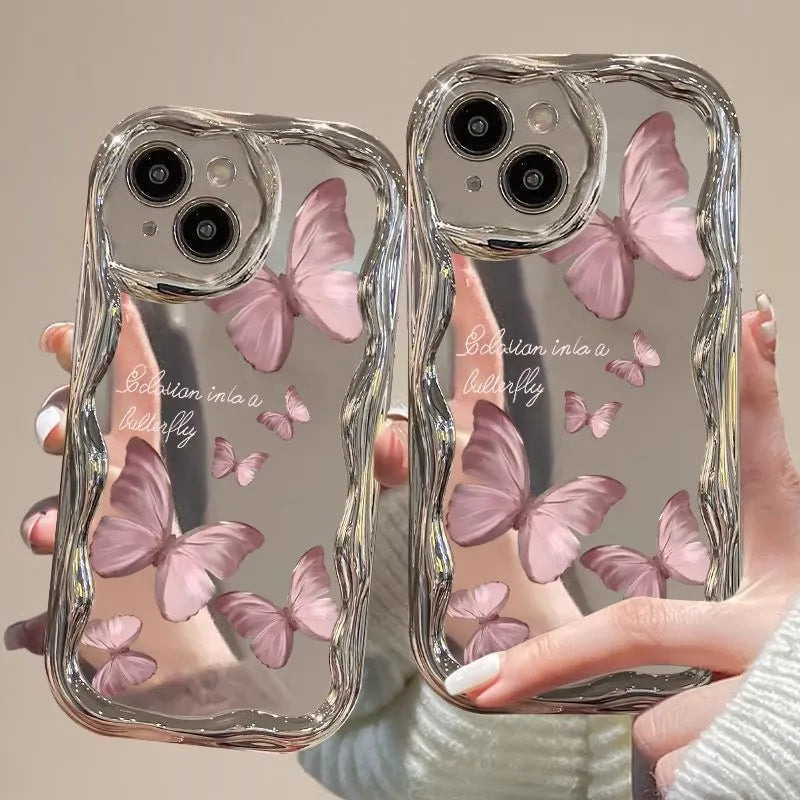 Trending Phone case 2025 pink butterfly Electroplating Cream Wavy Edge Ins Pattern Protective case to Prevent Falling for Girls