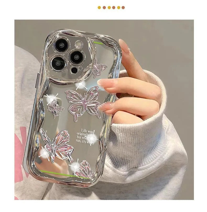 Trending Phone case 2025 pink butterfly Electroplating Cream Wavy Edge Ins Pattern Protective case to Prevent Falling for Girls