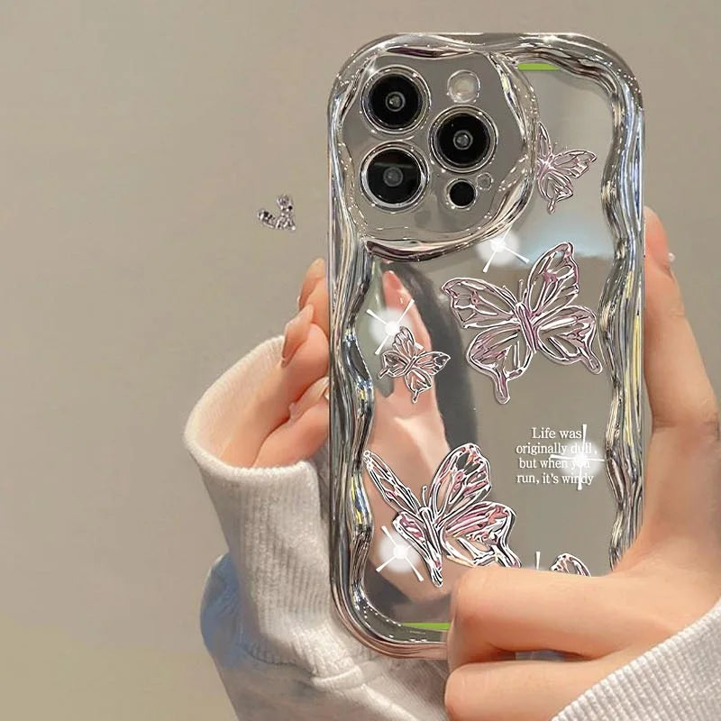 Trending Phone case 2025 pink butterfly Electroplating Cream Wavy Edge Ins Pattern Protective case to Prevent Falling for Girls