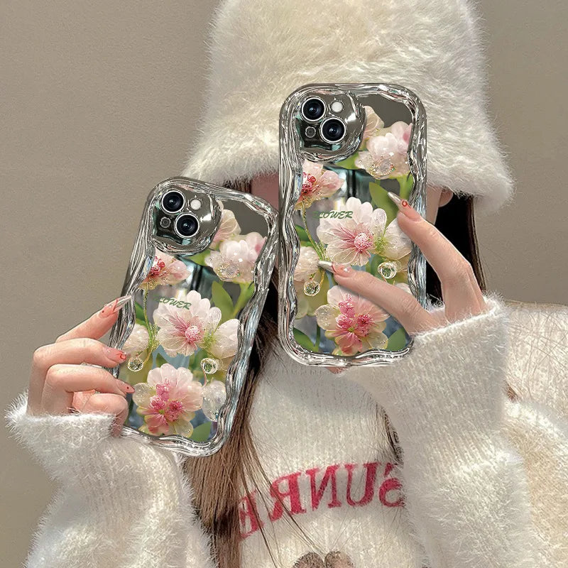 Trending Phone case 2025 pink butterfly Electroplating Cream Wavy Edge Ins Pattern Protective case to Prevent Falling for Girls