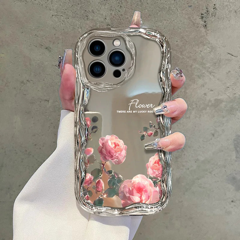 Beautiful Girl Sparkling Electroplated Wave pink Rose Mirror Phone case Heat-resistant iPhone 16 17 Pro Max Phone case Accessory