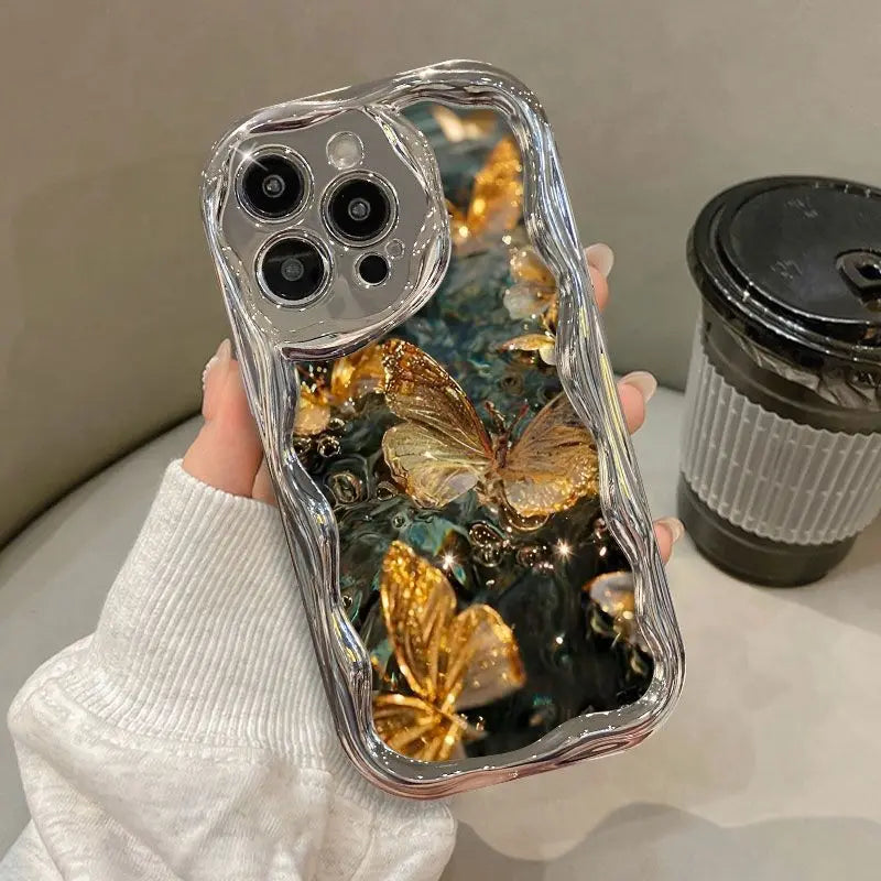 Trending Phone case 2025 pink butterfly Electroplating Cream Wavy Edge Ins Pattern Protective case to Prevent Falling for Girls