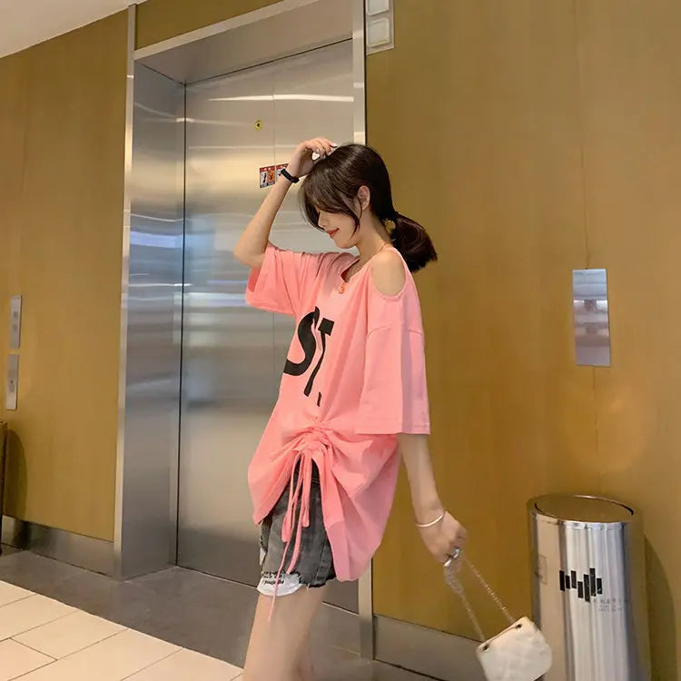 Pink Korean Casual Midi Loose White Women T-shirt Summer Short Sleeve Fashion Pulovers Elegant Graphic T Shirt Clothes Tops