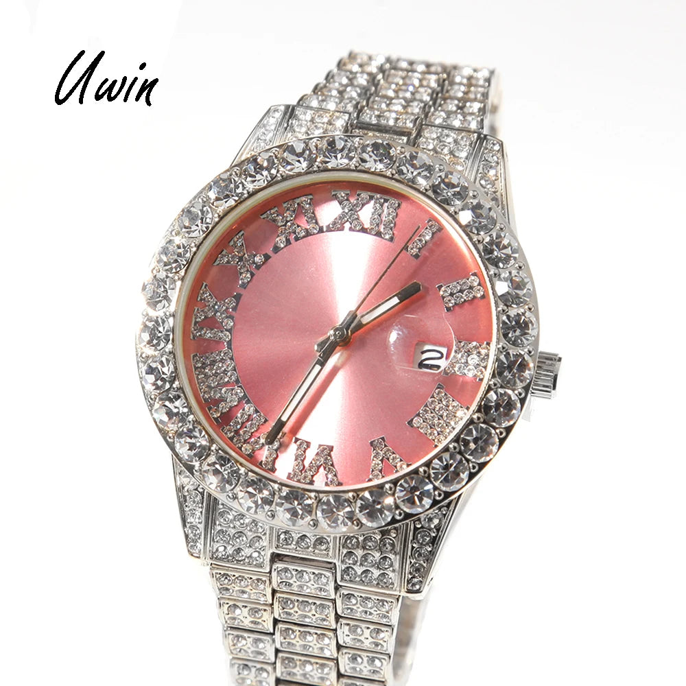 Iced Out Baby Pink Women Watches Bling Watch with Purple Dial Bling Bling Hip Hop Watch for Men Dropshipping