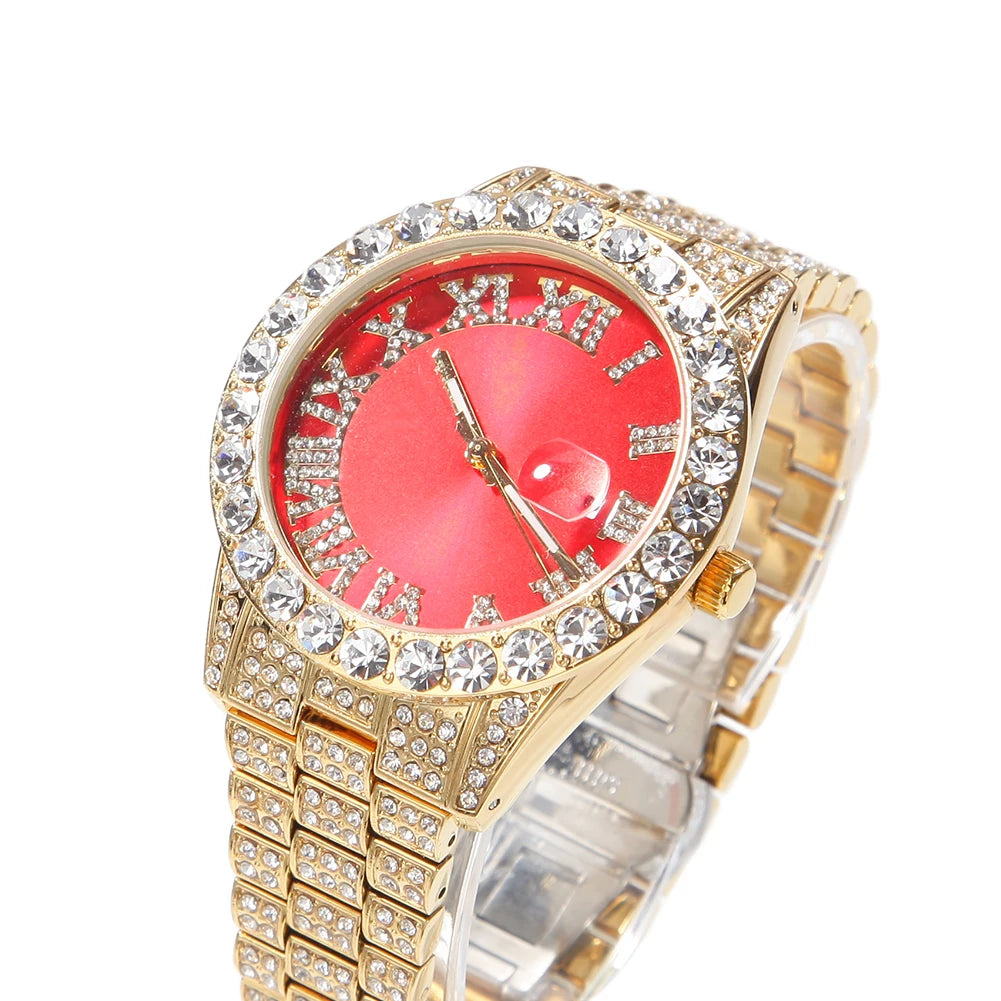 Iced Out Baby Pink Women Watches Bling Watch with Purple Dial Bling Bling Hip Hop Watch for Men Dropshipping