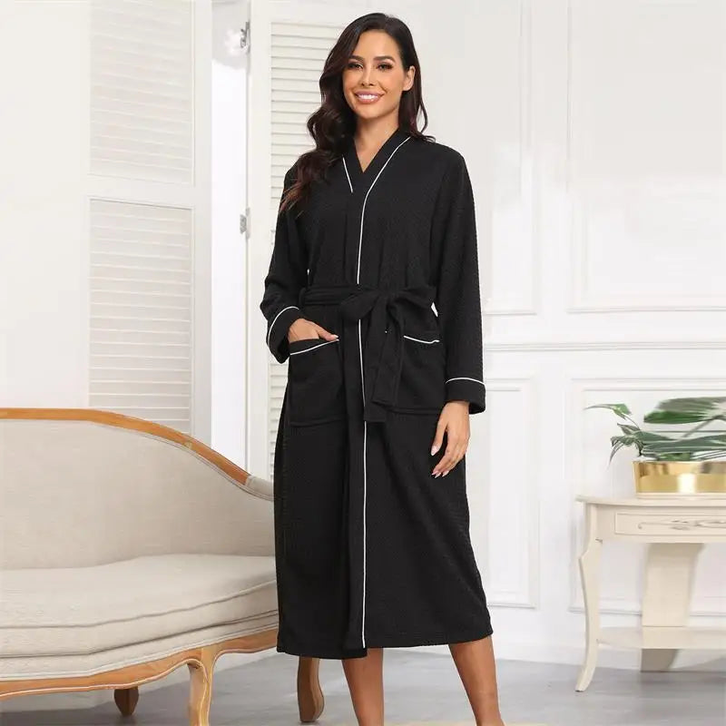 rongtai Women’s Flannel Bathrobe, Soft Warm Fleece Robe with Belt, Full-Length Winter Sleepwear, Long Sleeve V-Neck House Robe