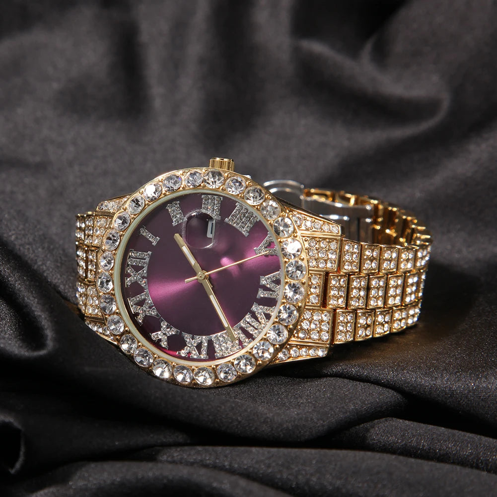 Iced Out Baby Pink Women Watches Bling Watch with Purple Dial Bling Bling Hip Hop Watch for Men Dropshipping