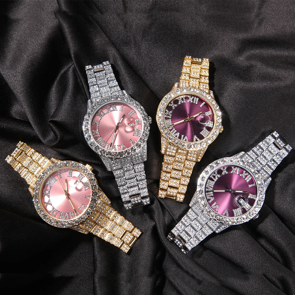 Iced Out Baby Pink Women Watches Bling Watch with Purple Dial Bling Bling Hip Hop Watch for Men Dropshipping