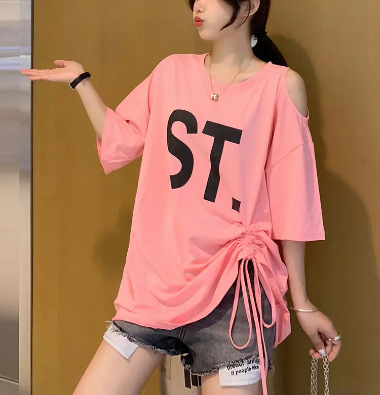 Pink Korean Casual Midi Loose White Women T-shirt Summer Short Sleeve Fashion Pulovers Elegant Graphic T Shirt Clothes Tops