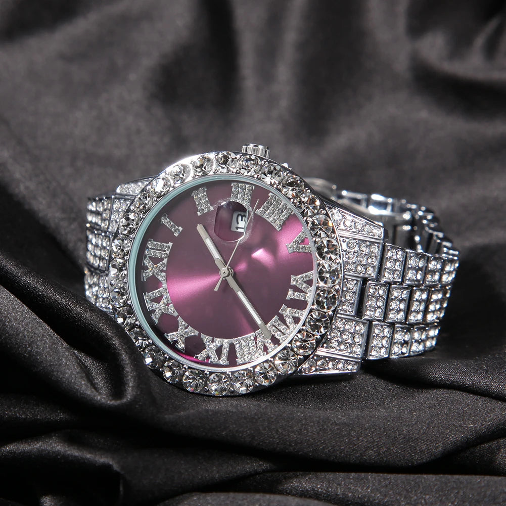 Iced Out Baby Pink Women Watches Bling Watch with Purple Dial Bling Bling Hip Hop Watch for Men Dropshipping