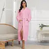 rongtai Women’s Flannel Bathrobe, Soft Warm Fleece Robe with Belt, Full-Length Winter Sleepwear, Long Sleeve V-Neck House Robe