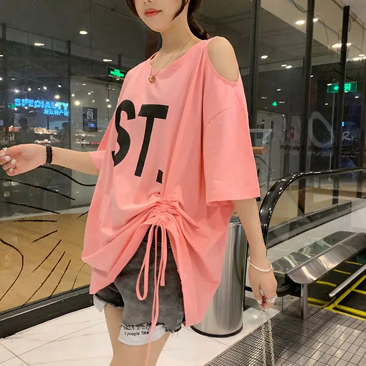 Pink Korean Casual Midi Loose White Women T-shirt Summer Short Sleeve Fashion Pulovers Elegant Graphic T Shirt Clothes Tops