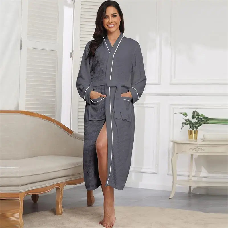 rongtai Women’s Flannel Bathrobe, Soft Warm Fleece Robe with Belt, Full-Length Winter Sleepwear, Long Sleeve V-Neck House Robe