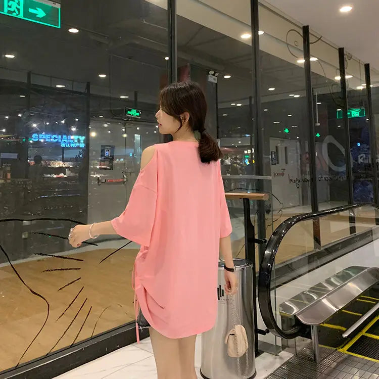 Pink Korean Casual Midi Loose White Women T-shirt Summer Short Sleeve Fashion Pulovers Elegant Graphic T Shirt Clothes Tops