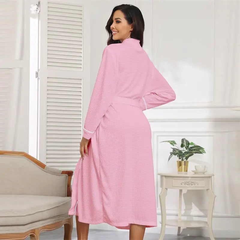 rongtai Women’s Flannel Bathrobe, Soft Warm Fleece Robe with Belt, Full-Length Winter Sleepwear, Long Sleeve V-Neck House Robe