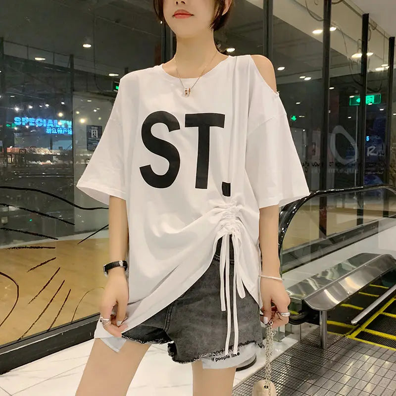 Pink Korean Casual Midi Loose White Women T-shirt Summer Short Sleeve Fashion Pulovers Elegant Graphic T Shirt Clothes Tops