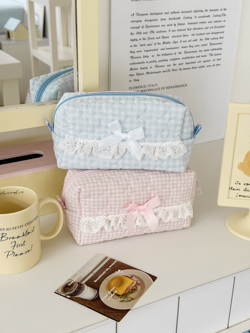Pink Rose Sweetheart Cosmetic  Storage Bag Aesthetic Cute Lace Trim Makeup Pouch Large Capacity Vintage Cosmetic Organizer Bags