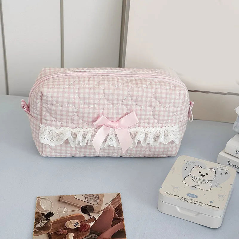 Pink Rose Sweetheart Cosmetic  Storage Bag Aesthetic Cute Lace Trim Makeup Pouch Large Capacity Vintage Cosmetic Organizer Bags
