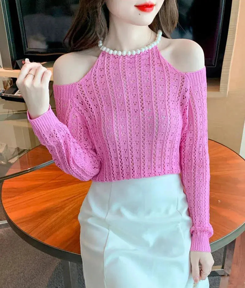 Spring Autumn New Carefully Machine Hollow Neck Hanging Shoulder Women's Knitted Bottom Shirt with Inner Layer to Look Thin Top Pinkshop