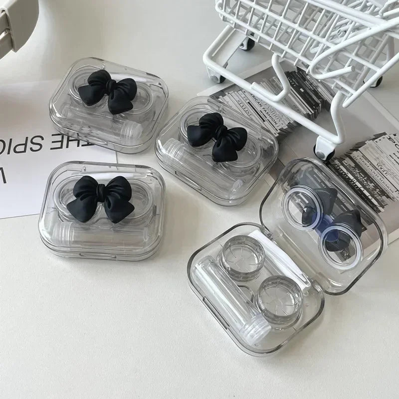 Pink Transparent Love Bow Contact Lens Case Girl Portable Beauty Pupil Box Contact Lens Cases Eye Care Tool Storage Container