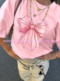 Pink Bow Tie  Print Pink T-shirt Women Summer Retro American style Casual Short Sleeve  Girl  Tops  Streetwear Sexy Tees