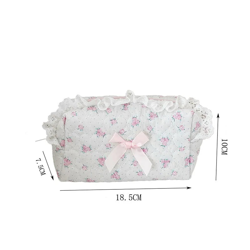 Pink Rose Sweetheart Cosmetic  Storage Bag Aesthetic Cute Lace Trim Makeup Pouch Large Capacity Vintage Cosmetic Organizer Bags