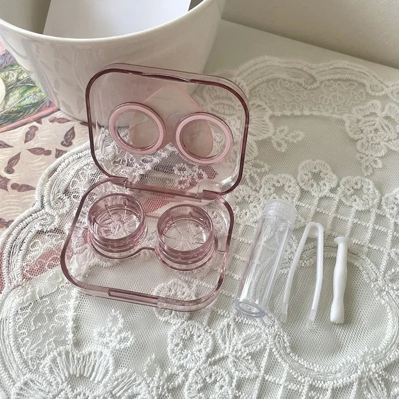 Pink Transparent Love Bow Contact Lens Case Girl Portable Beauty Pupil Box Contact Lens Cases Eye Care Tool Storage Container