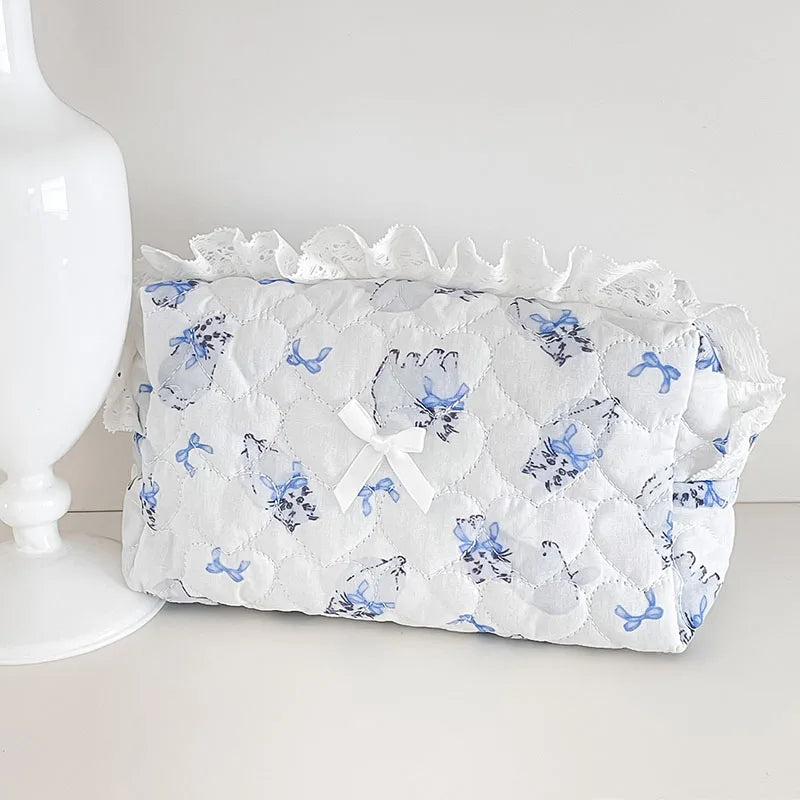 Pink Rose Sweetheart Cosmetic  Storage Bag Aesthetic Cute Lace Trim Makeup Pouch Large Capacity Vintage Cosmetic Organizer Bags