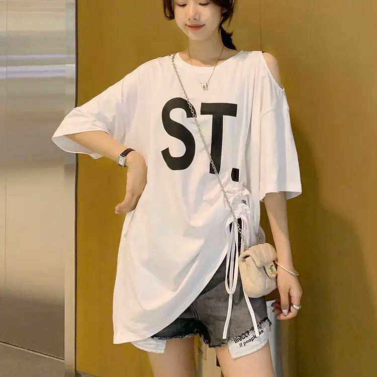 Pink Korean Casual Midi Loose White Women T-shirt Summer Short Sleeve Fashion Pulovers Elegant Graphic T Shirt Clothes Tops
