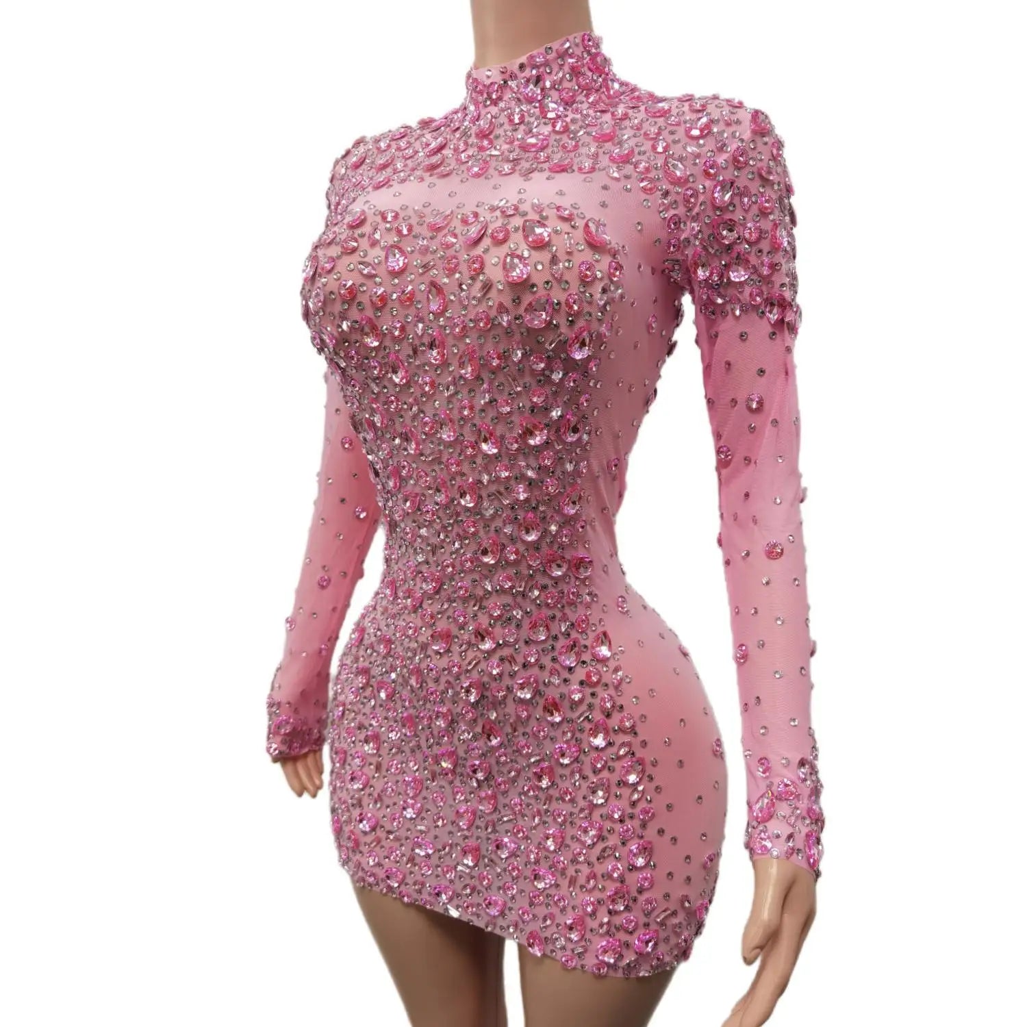 Sexy Dance Pink Dress Performance Sparkly Pink Rhinestones Dress Women Evening Birthday Celebrate Party Outfit 2025 Cuixing