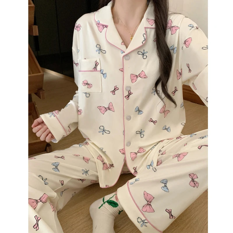 Pink Bow Dtie Design Pajamas for Women Long Sleeve Top & Elastic Waist Pants Pajamas Set Korean Style Sweet Casual New Home Wear