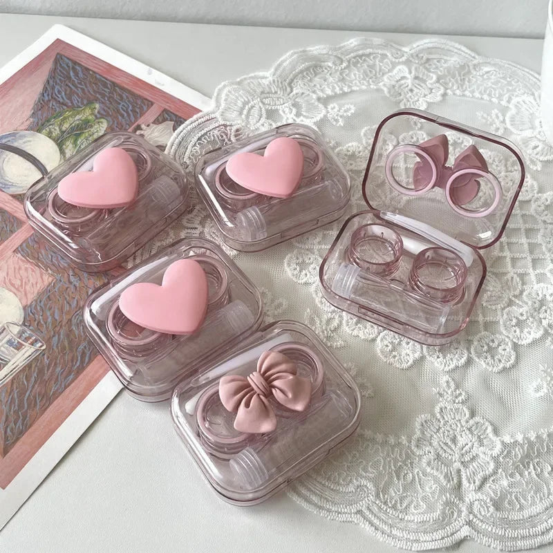 Pink Transparent Love Bow Contact Lens Case Girl Portable Beauty Pupil Box Contact Lens Cases Eye Care Tool Storage Container