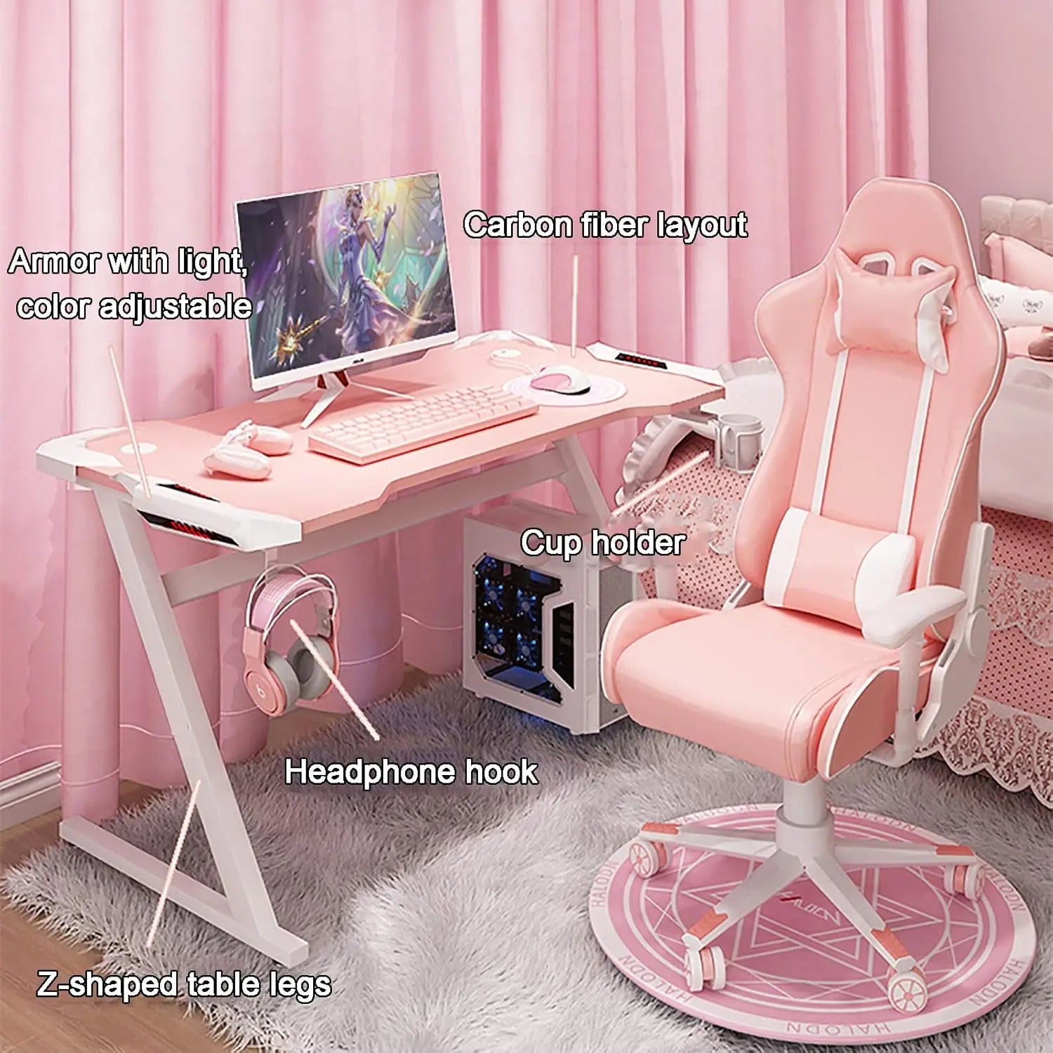 Pink Gaming Desk with LED Strip Home Office Computer Desk Ergonomic with Cup Holder for Girls Women